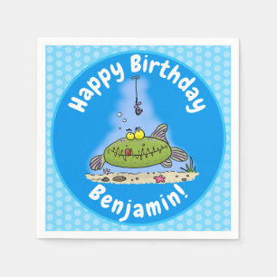 Funny fat hungry green fish fishing cartoon napkin