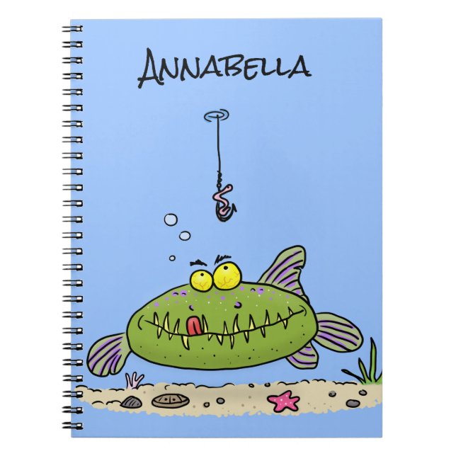 Funny fat hungry green fish fishing cartoon notebook (Front)