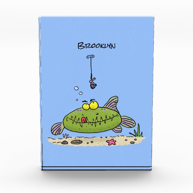 Funny fat hungry green fish fishing cartoon photo block (Front)