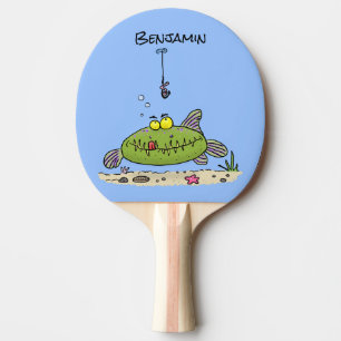 Funny fat hungry green fish fishing cartoon ping pong paddle