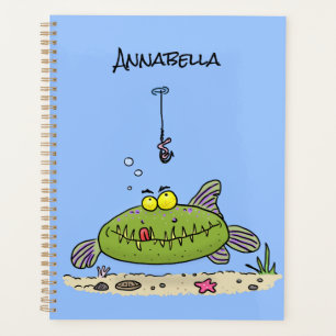 Funny fat hungry green fish fishing cartoon planner