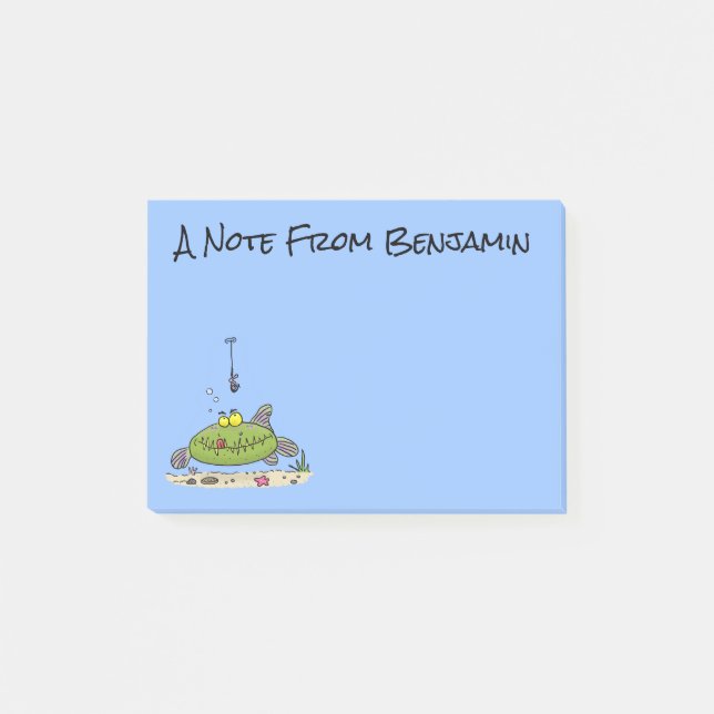 Funny fat hungry green fish fishing cartoon post-it notes (Front)