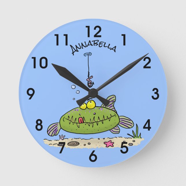 Funny fat hungry green fish fishing cartoon round clock (Front)