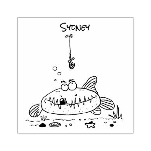 Funny fat hungry green fish fishing cartoon rubber stamp