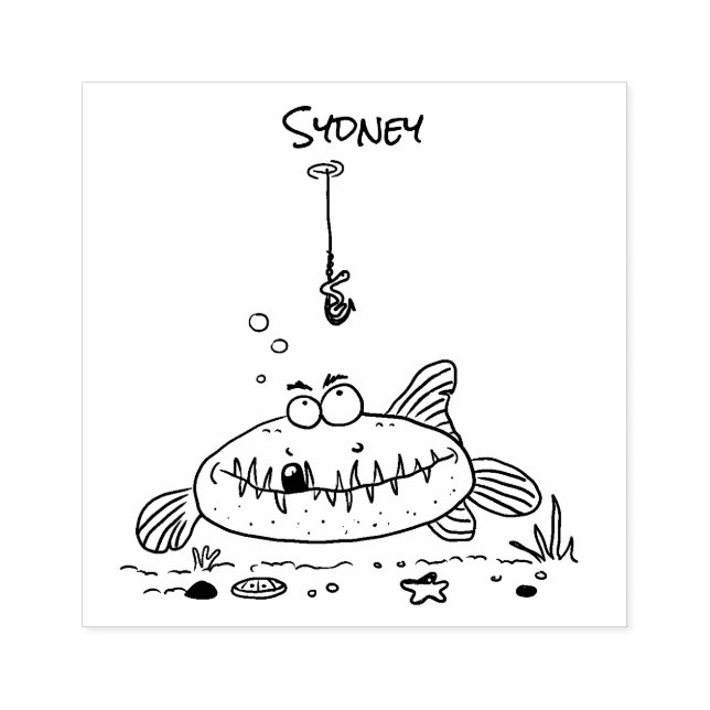 Funny fat hungry green fish fishing cartoon rubber stamp (Imprint)