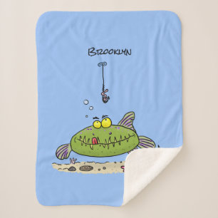 Funny fat hungry green fish fishing cartoon  sherpa blanket