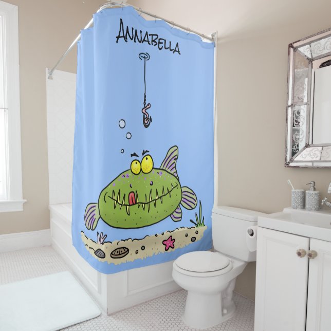 Funny fat hungry green fish fishing cartoon shower curtain (In Situ)
