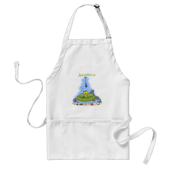 Funny fat hungry green fish fishing cartoon standard apron (Front)