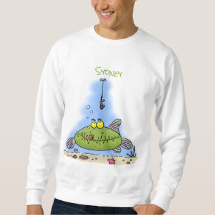 Funny fat hungry green fish fishing cartoon sweatshirt