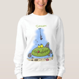 Funny fat hungry green fish fishing cartoon sweatshirt