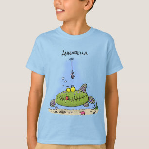 Funny fat hungry green fish fishing cartoon T-Shirt