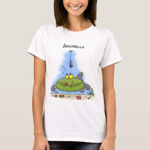 Funny fat hungry green fish fishing cartoon T-Shirt