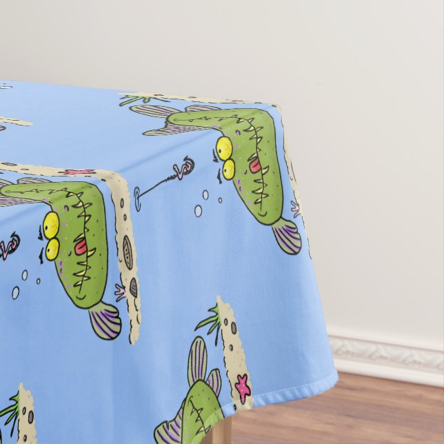 Funny fat hungry green fish fishing cartoon tablecloth (In Situ)
