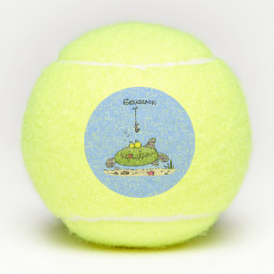 Funny fat hungry green fish fishing cartoon tennis balls