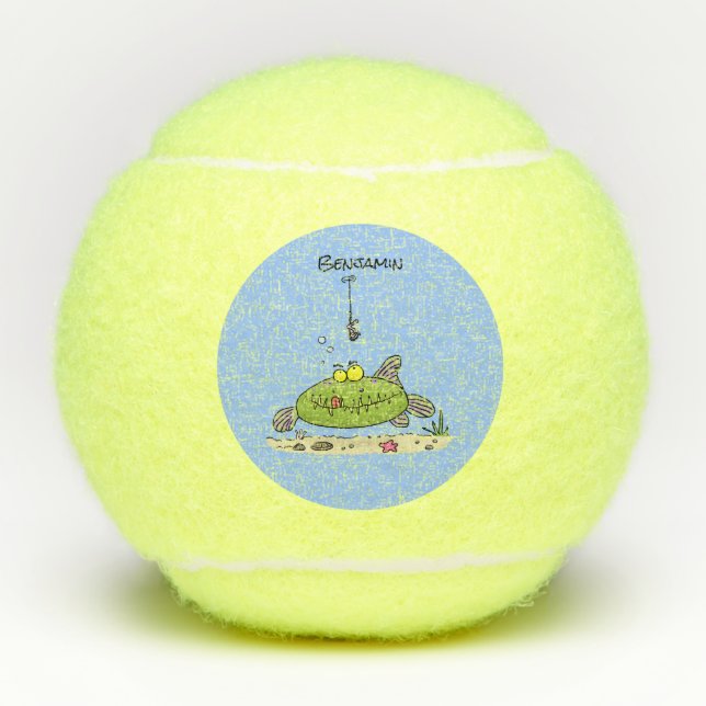 Funny fat hungry green fish fishing cartoon tennis balls (Front)