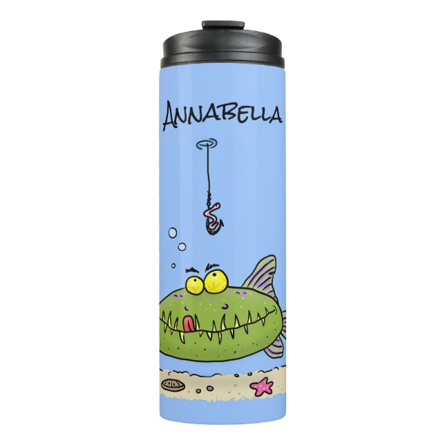 Funny fat hungry green fish fishing cartoon thermal tumbler (Front)