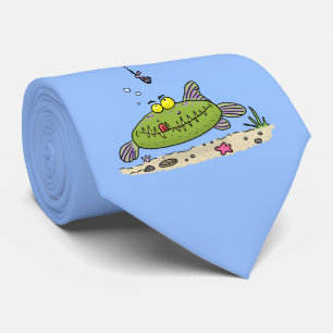 Funny fat hungry green fish fishing cartoon tie
