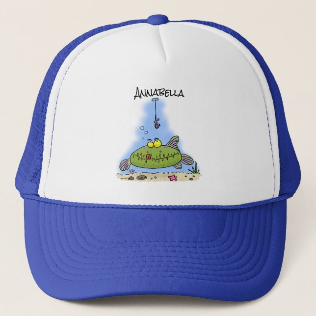 Funny fat hungry green fish fishing cartoon trucker hat (Front)