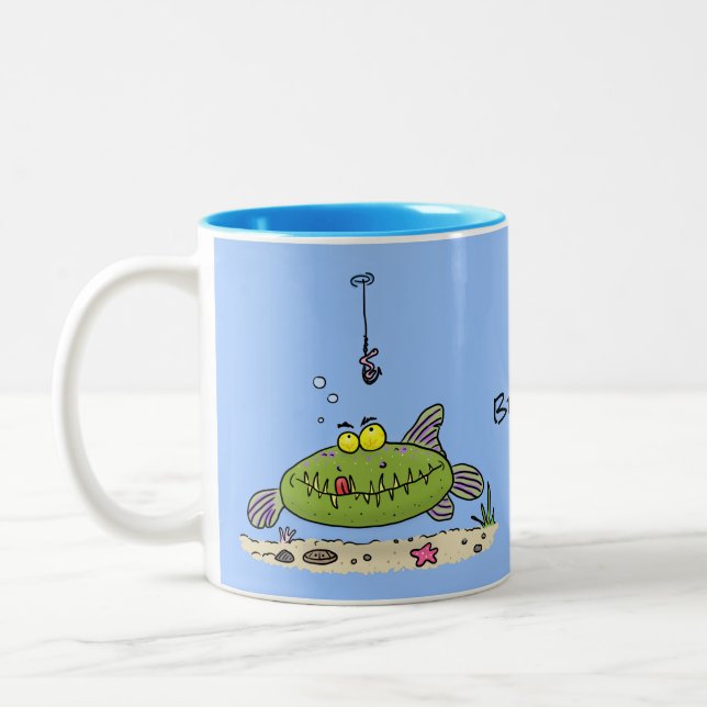 Funny fat hungry green fish fishing cartoon Two-Tone coffee mug (Left)