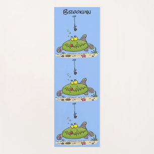 Funny fat hungry green fish fishing cartoon yoga mat