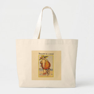 Funny Fat Lady on Beach Large Tote Bag