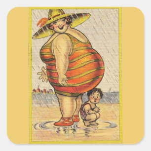 Funny Fat Lady on Beach Square Sticker