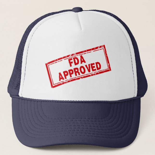 Funny FDA Approved Humour Red Distressed Stamp Trucker Hat (Front)