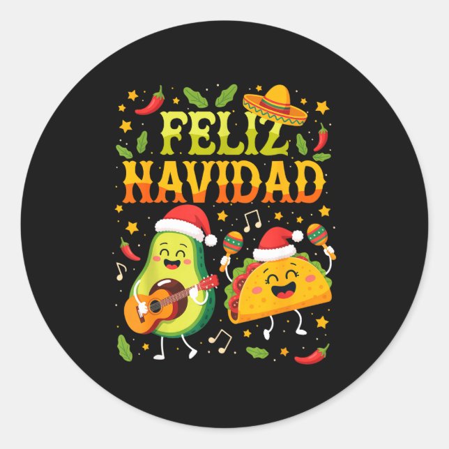 Funny Feliz Navidad Avocado Tacos Mexican Christma Classic Round Sticker (Front)