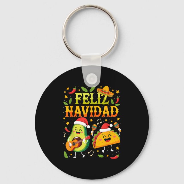 Funny Feliz Navidad Avocado Tacos Mexican Christma Key Ring (Front)