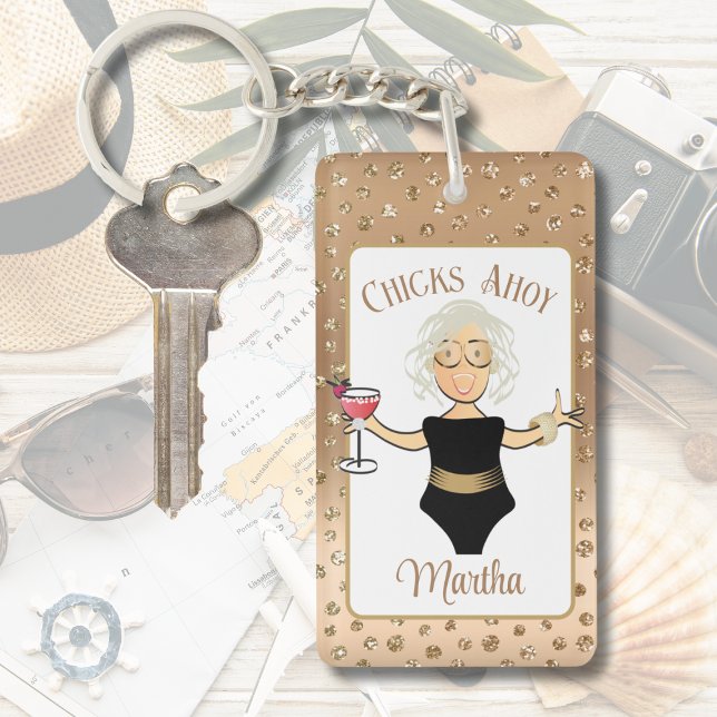 Funny Female Cartoon Grey Hair Cruise Tropical Key Ring (Creator Uploaded)