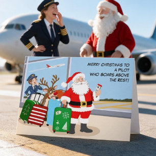 Funny Female Pilot Christmas Santa and Reindeer Card