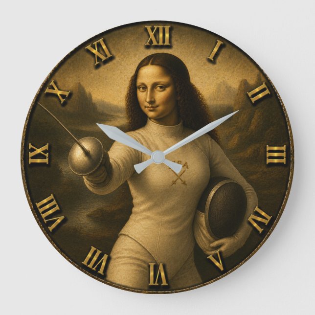 Funny Fencing Mona Lisa Épée Foil Saber Gift Large Clock (Front)