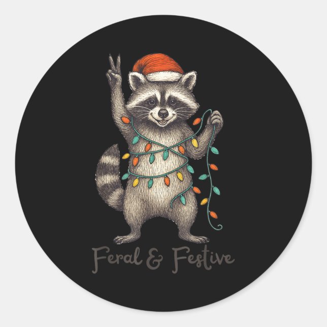 Funny Feral And Festive Raccoon Santa Hat Retro Ch Classic Round Sticker (Front)