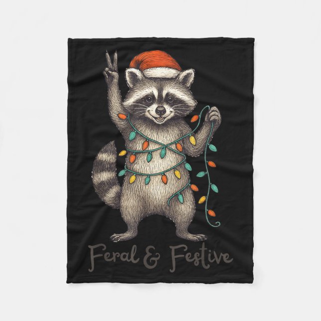Funny Feral And Festive Raccoon Santa Hat Retro Ch Fleece Blanket (Front)