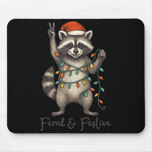 Funny Feral And Festive Raccoon Santa Hat Retro Ch Mouse Mat (Front)