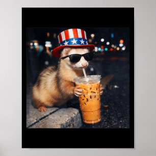 Funny Ferret Iced Coffee Meme Retro Urban Gen Z Poster
