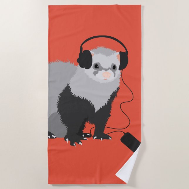 Funny Ferret Music Lover Beach Towel (Front)