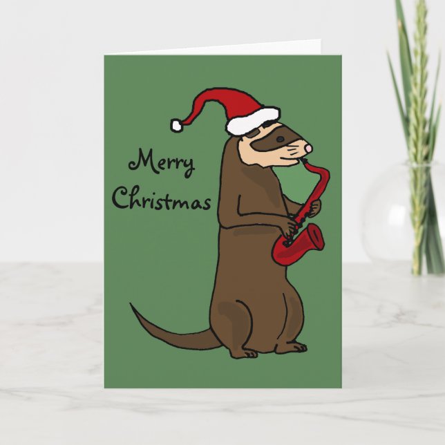 Funny Ferret Playing Saxophone Christmas Art Holiday Card (Front)