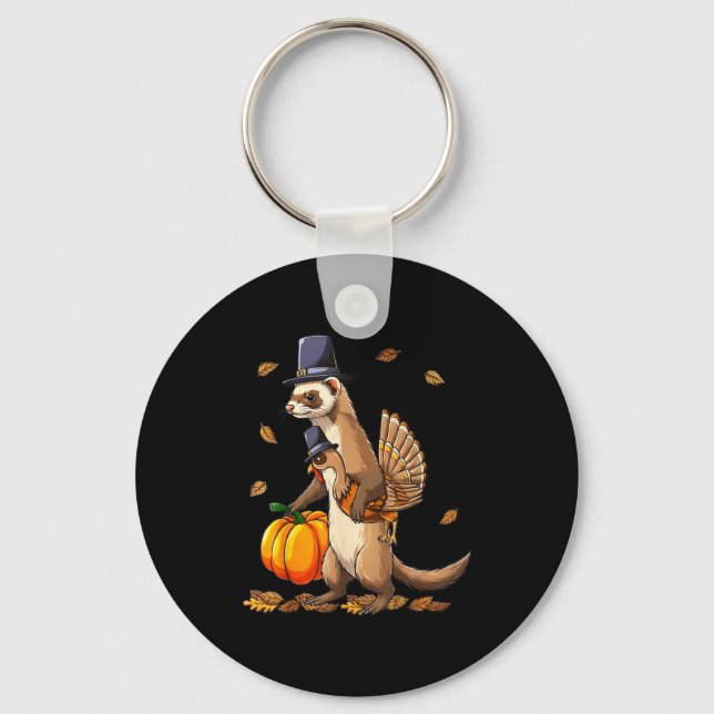 Funny Ferret Turkey Pumpkin Thanksgiving Gift Men  Key Ring (Front)