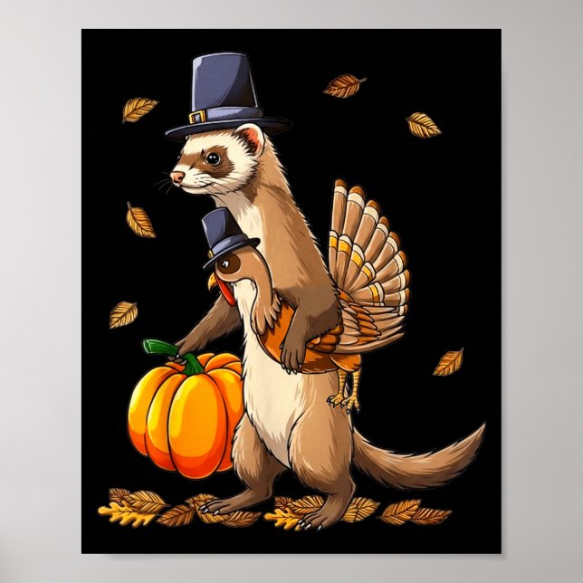 Funny Ferret Turkey Pumpkin Thanksgiving Gift Men  Poster (Front)