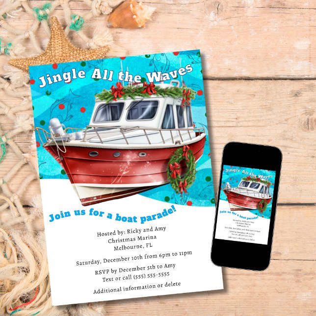 Funny Festive Blue Waves Christmas Boat Parade  Invitation (Creator Uploaded)