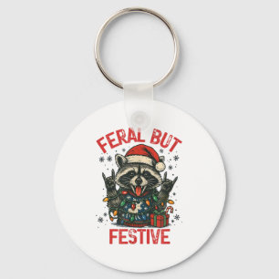 Funny Festive But Feral Santa Raccoon Lover Animal Key Ring