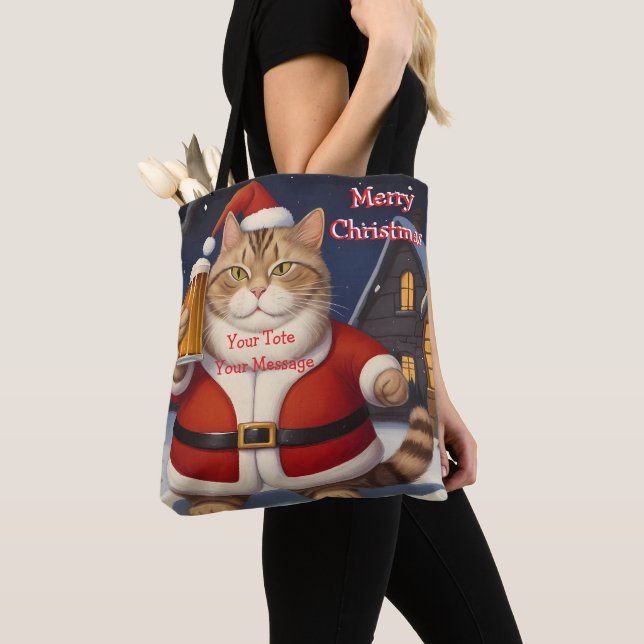 Funny Festive Christmas cat with beer glass Tote Bag (Close Up)
