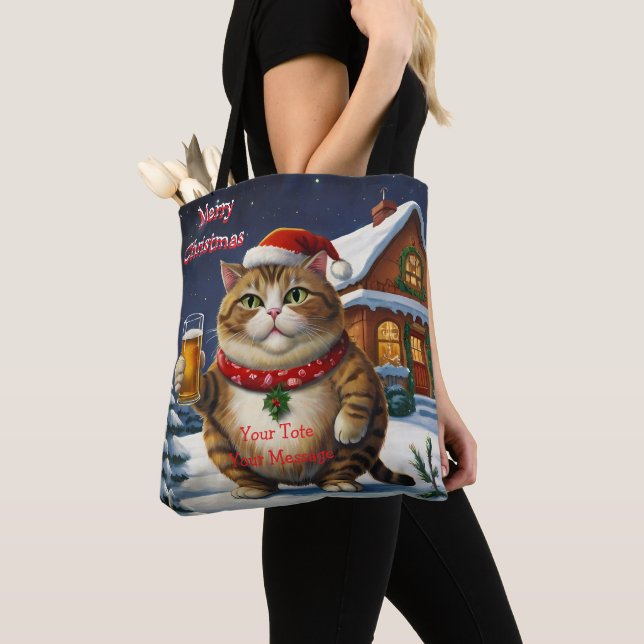 Funny Festive Christmas cat with beer glass Tote Bag (Close Up)