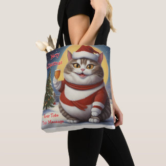 Funny Festive Christmas cat with beer glass Tote Bag