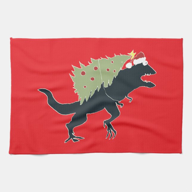 Funny Festive Dino Christmas Tea Towel (Horizontal)