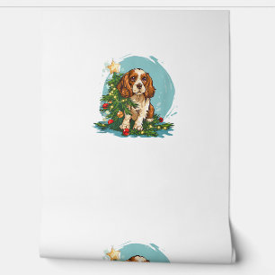 Funny Festive Dog Costume with decorated Christmas Wallpaper