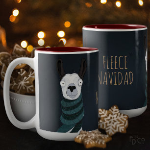 Funny Festive 'Fleece Navidad' Llama Dark Blue Mug