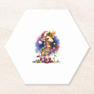 Funny Festive Giraffe Santa Hat Christmas Lights S Paper Coaster