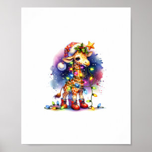 Funny Festive Giraffe Santa Hat Christmas Lights S Poster